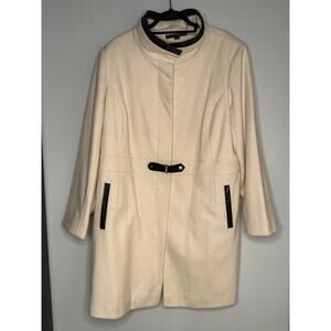 Via Spiga Ivory Mid Length Coat Faux Leather Trim Sz 18 Minimalist Quiet Luxury